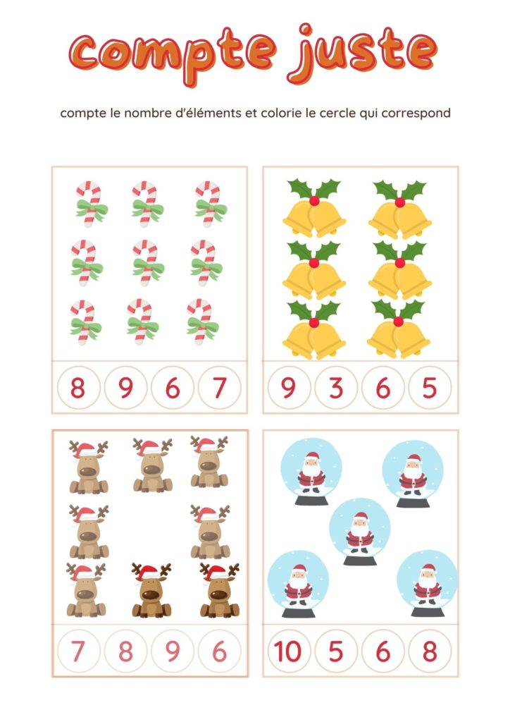 Fiches d'activités de Noël numération