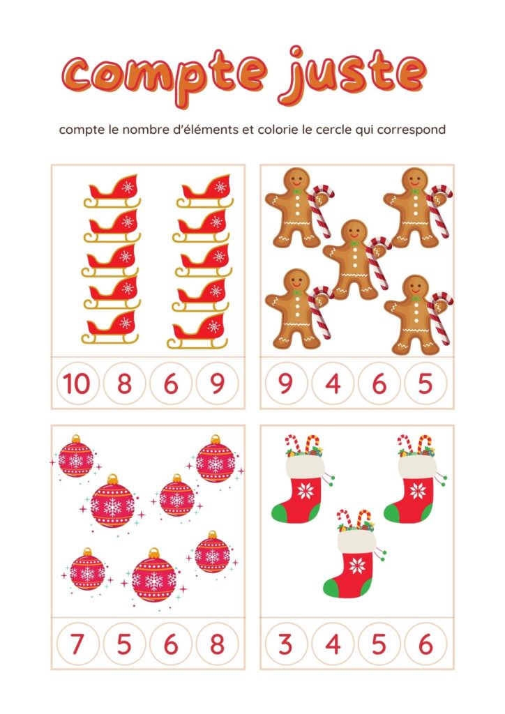 Fiches d'activités de Noël numération