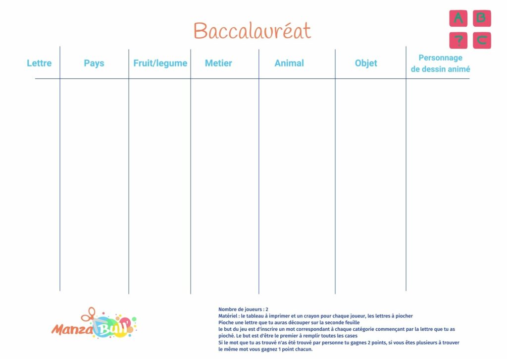 Jeu du baccalauréat : tableau et lettres à imprimer - ManzaBull